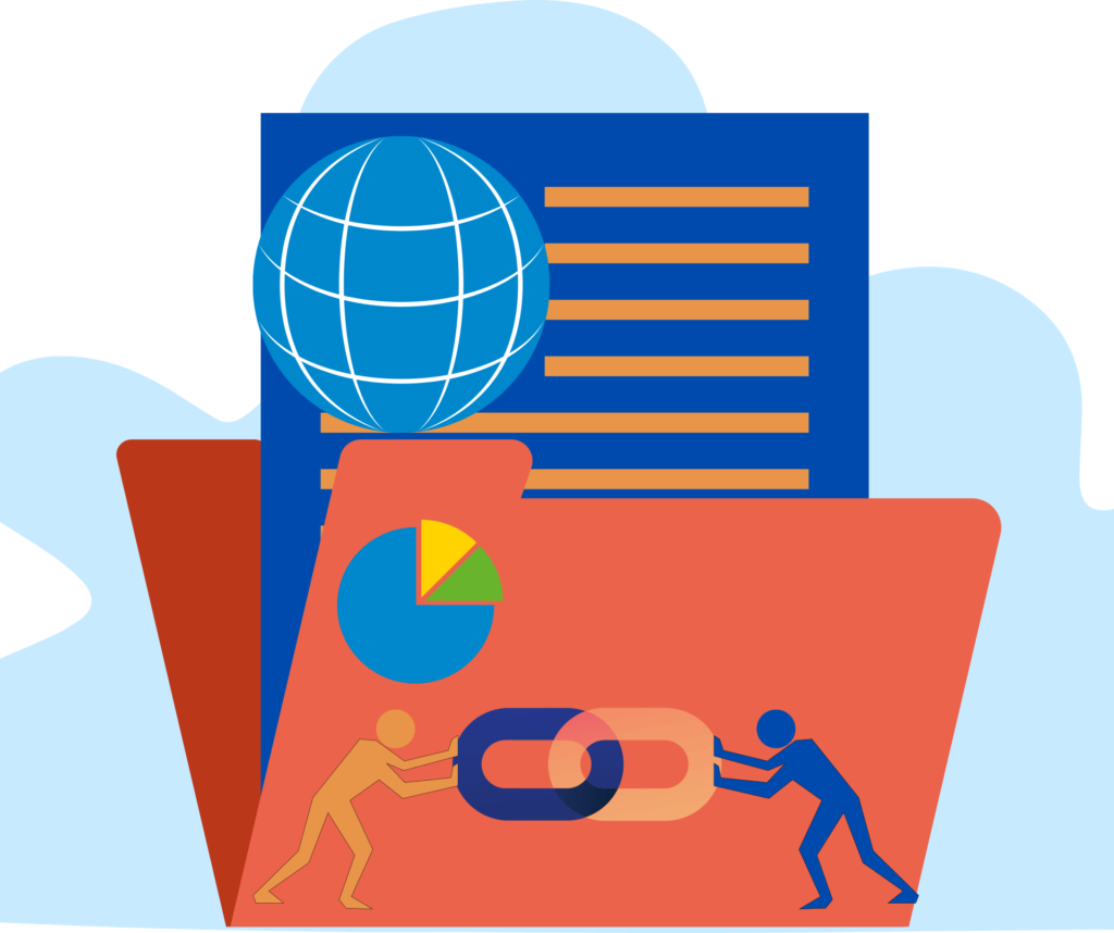 An illustration of two stylized figures pushing chain links together in front of a large folder. The folder has a pie chart, document, and globe icon, suggesting data, global connections, and collaboration.