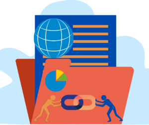 An illustration of two stylized figures pushing chain links together in front of a large folder. The folder has a pie chart, document, and globe icon, suggesting data, global connections, and collaboration.