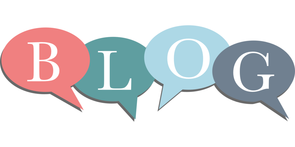 Four colorful speech bubbles spell out the word BLOG, with each letter in white and each bubble in a different pastel color: red, green, light blue, and blue-gray.