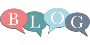 Four colorful speech bubbles spell out the word BLOG, with each letter in white and each bubble in a different pastel color: red, green, light blue, and blue-gray.