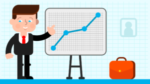 Cartoon man in a suit points to a line graph with rising data points on a flip chart. A briefcase sits nearby, and the background features a light blue grid pattern.