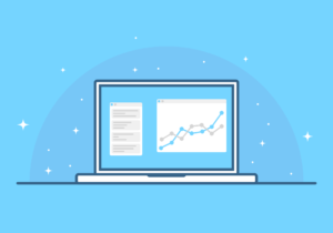 Illustration of an open laptop displaying a line graph and a document on the screen, set against a blue background with stars and sparkles.
