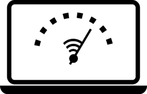 A black and white illustration of a laptop displaying a speedometer with a Wi-Fi symbol, indicating measurement of internet speed.