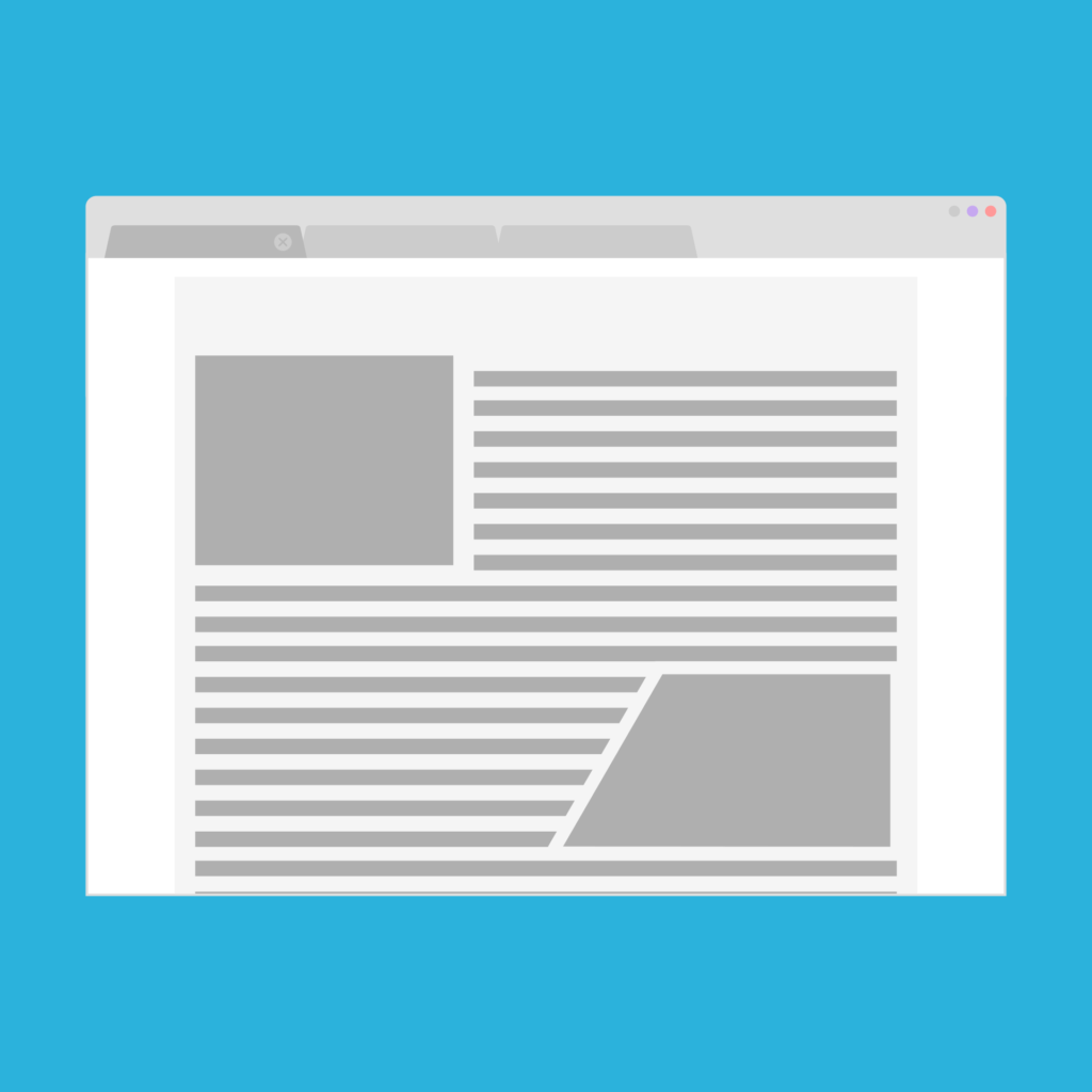 Illustration of a web browser window open on a desktop, displaying a web page layout with gray blocks representing images and lines indicating text on a light blue background.