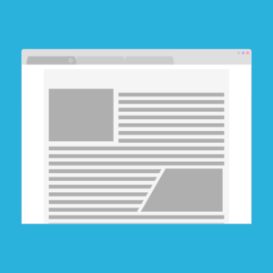 Illustration of a web browser window open on a desktop, displaying a web page layout with gray blocks representing images and lines indicating text on a light blue background.