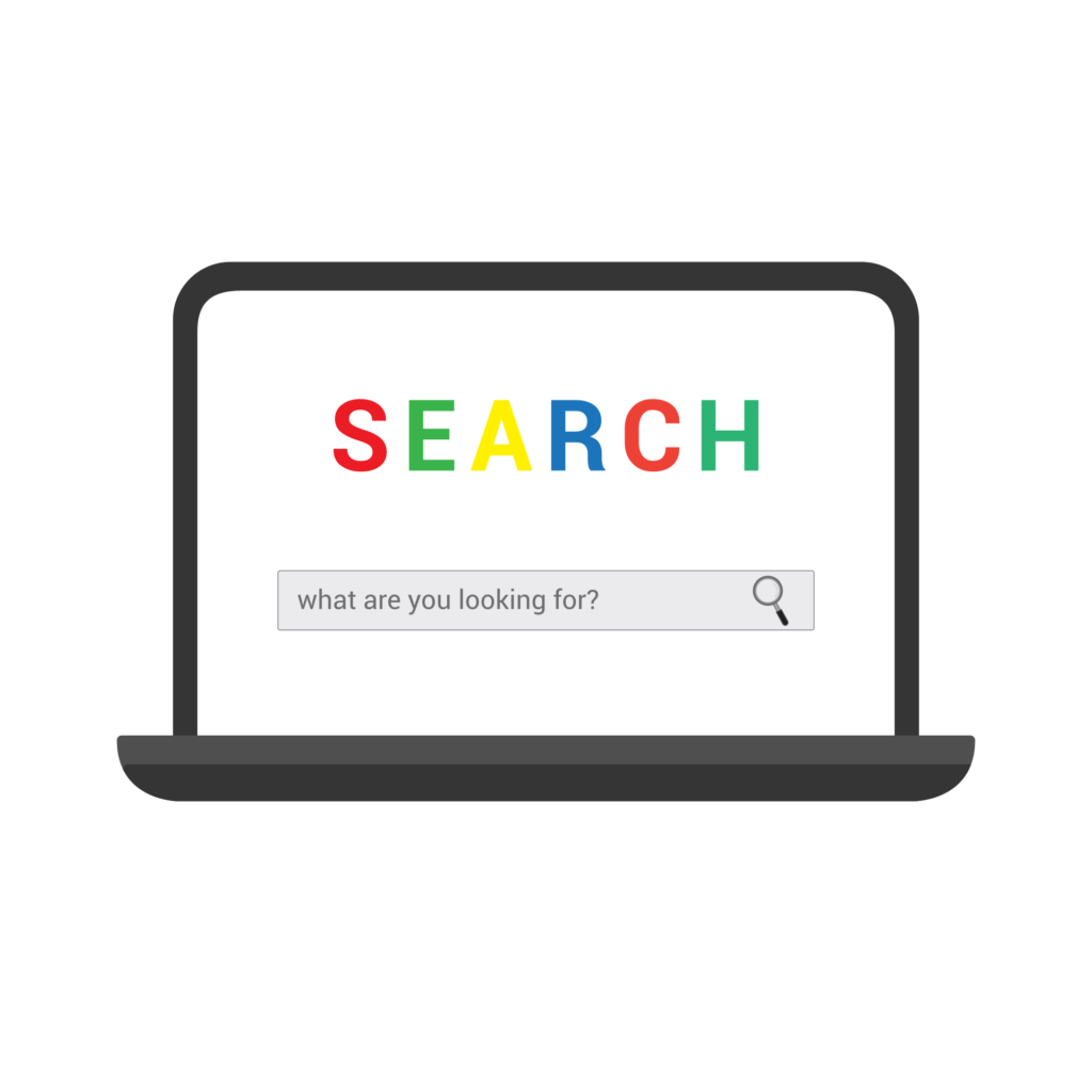 Illustration of a laptop displaying the word SEARCH in colorful letters above a search bar with the text what are you looking for? and a magnifying glass icon on a white background.