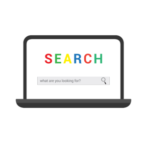 Illustration of a laptop displaying the word SEARCH in colorful letters above a search bar with the text what are you looking for? and a magnifying glass icon on a white background.