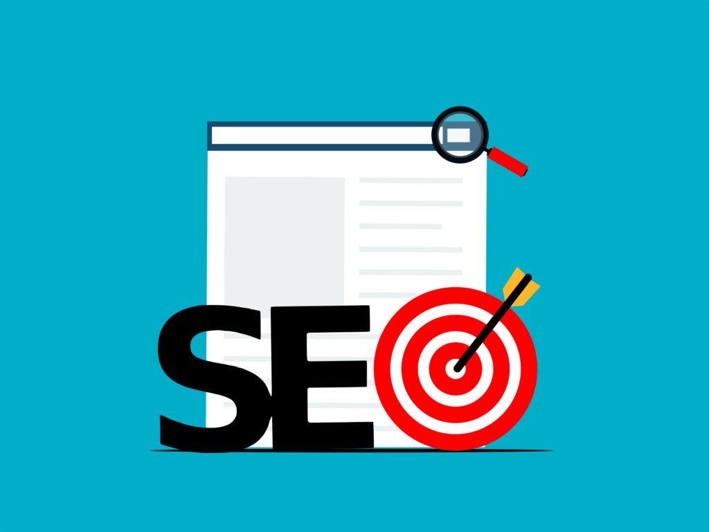 Illustration of a web page with a magnifying glass above it. In front, bold letters SEO and a red target with a yellow arrow in the bullseye, symbolizing successful search engine optimization. Blue background.
