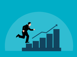 A businessperson in a suit is running up bar graph columns, with an upward-pointing arrow above the bars, symbolizing business growth and success on a blue background.