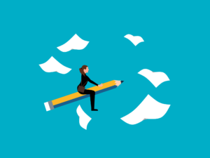 Illustration of a person in business attire riding a large pencil, surrounded by flying sheets of paper, against a blue background.